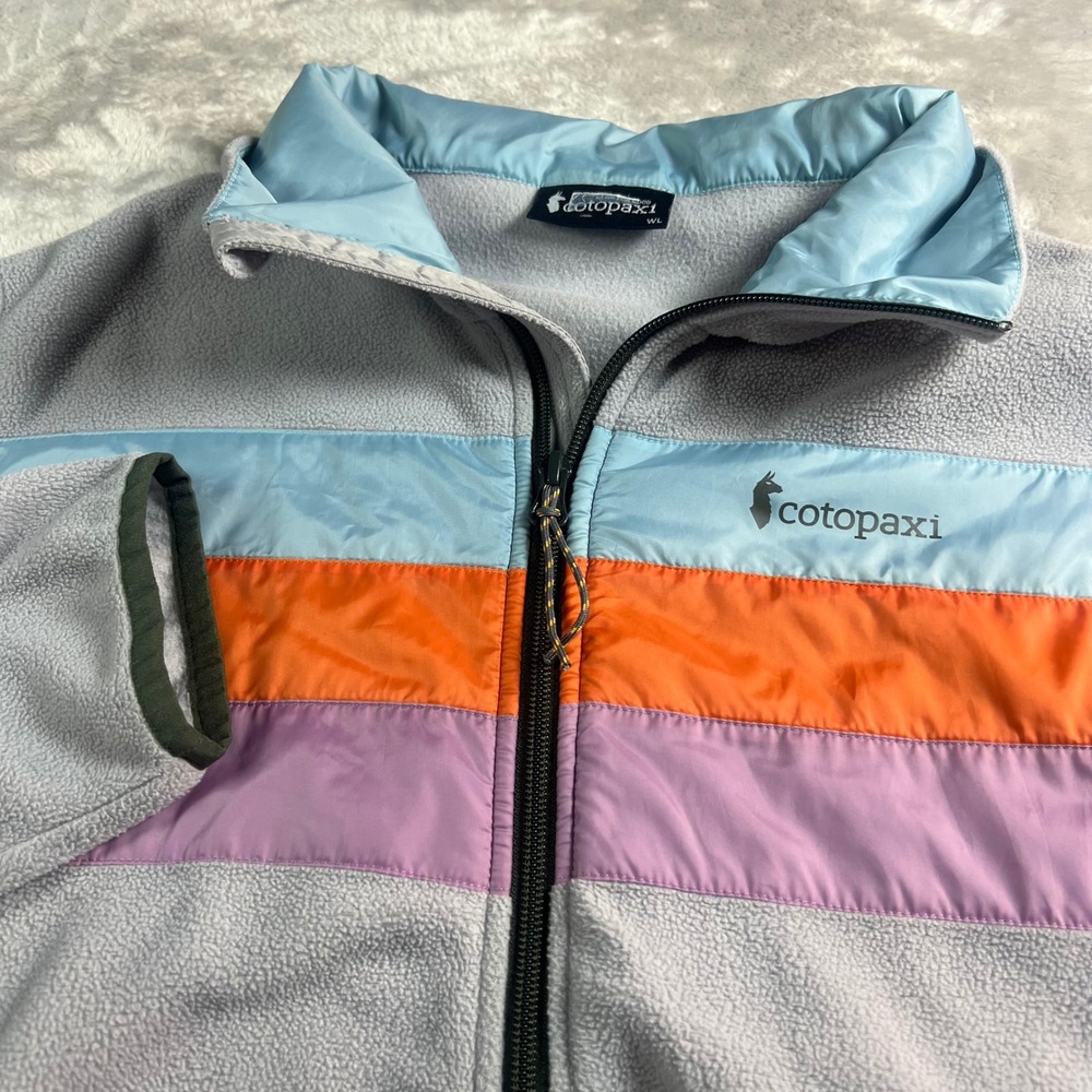Cotopaxi Women's L Teca Full Zip Fleece Jacket Grey Blue Orange Purple Stripe